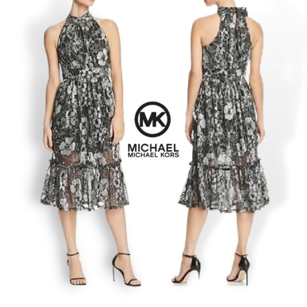 Michael Kors metallic midi halter dress